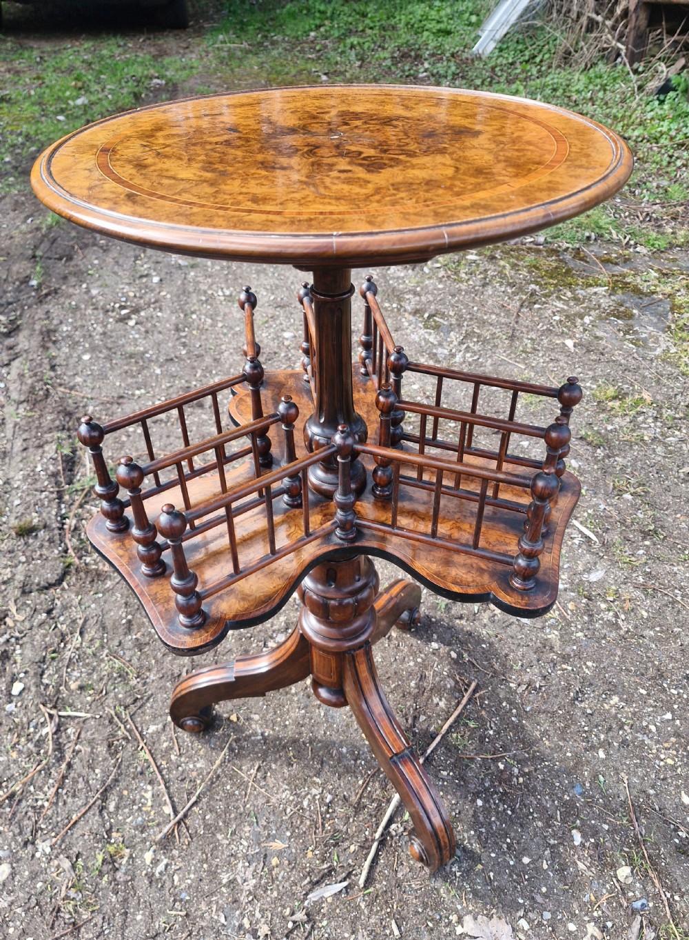 Mid Victorian inlaid walnut revolving book table. View III