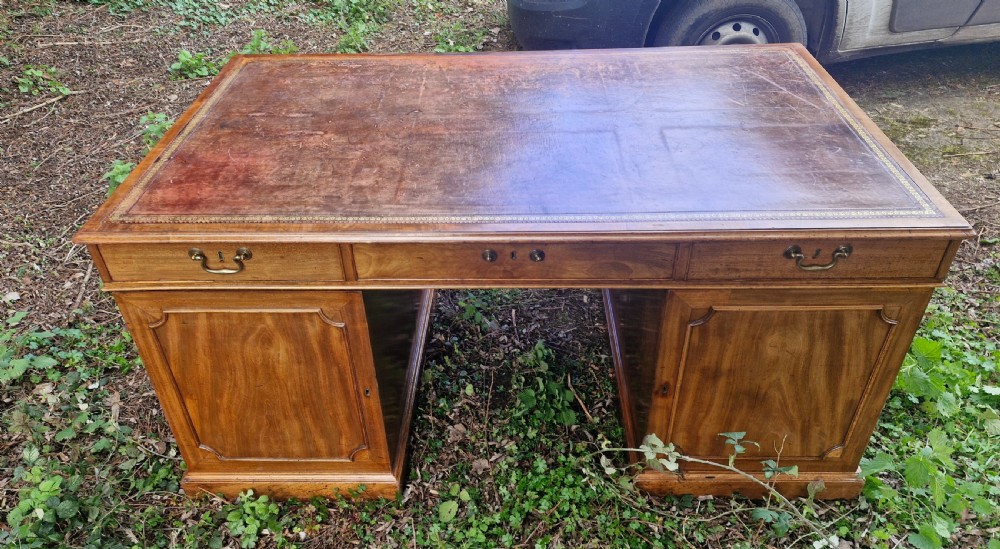 Early Victorian mahogany partners pedestal writing desk. Unusual side drawers.  View III