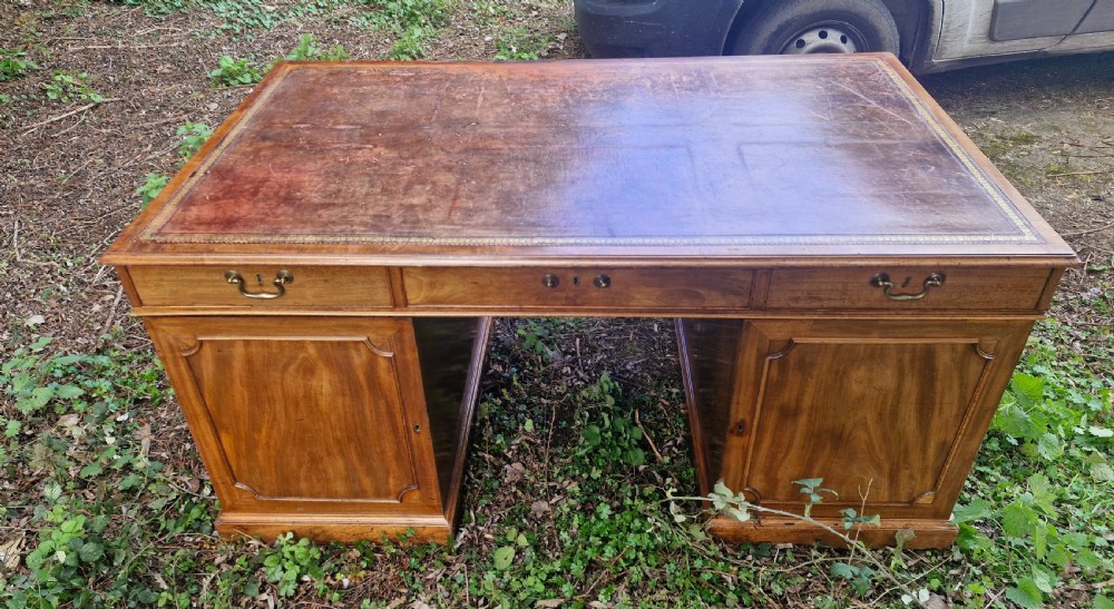 Early Victorian mahogany partners pedestal writing desk. Unusual side drawers.  View IV