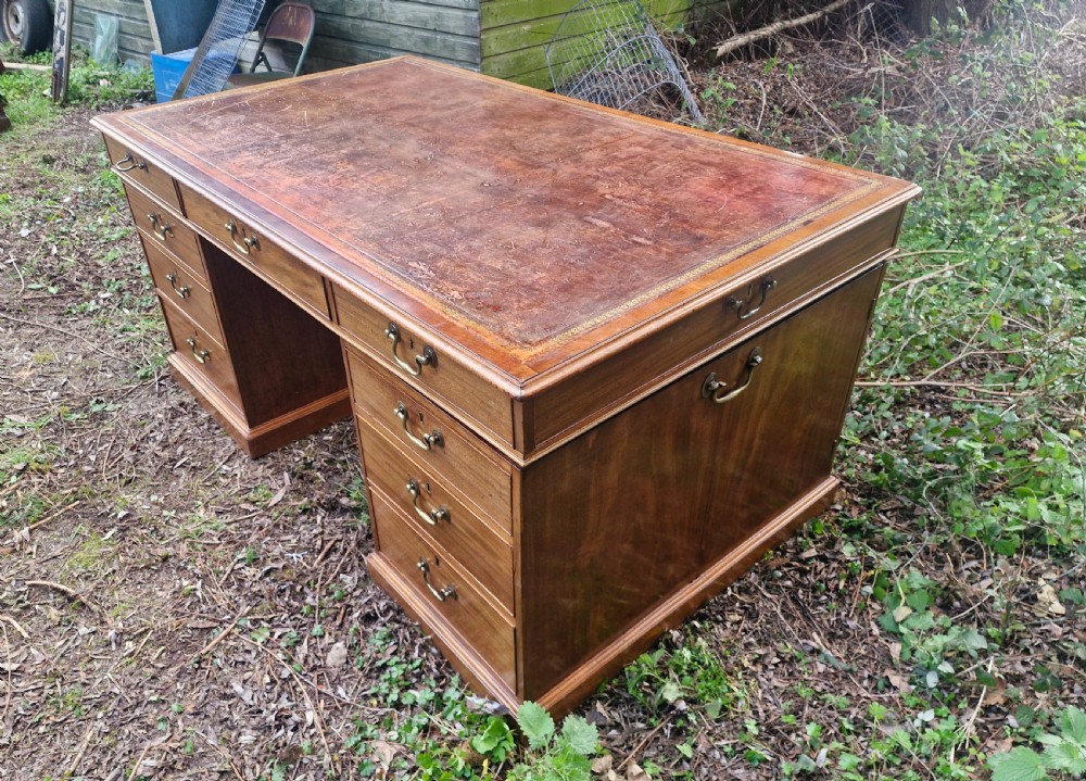 Early Victorian mahogany partners pedestal writing desk. Unusual side drawers.  View V