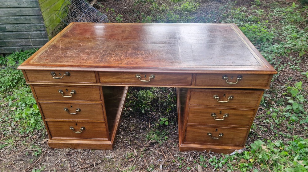 Early Victorian mahogany partners pedestal writing desk. Unusual side drawers.  View VI