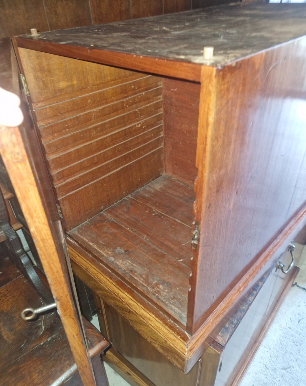 Early Victorian mahogany partners pedestal writing desk. Unusual side drawers.  View VII