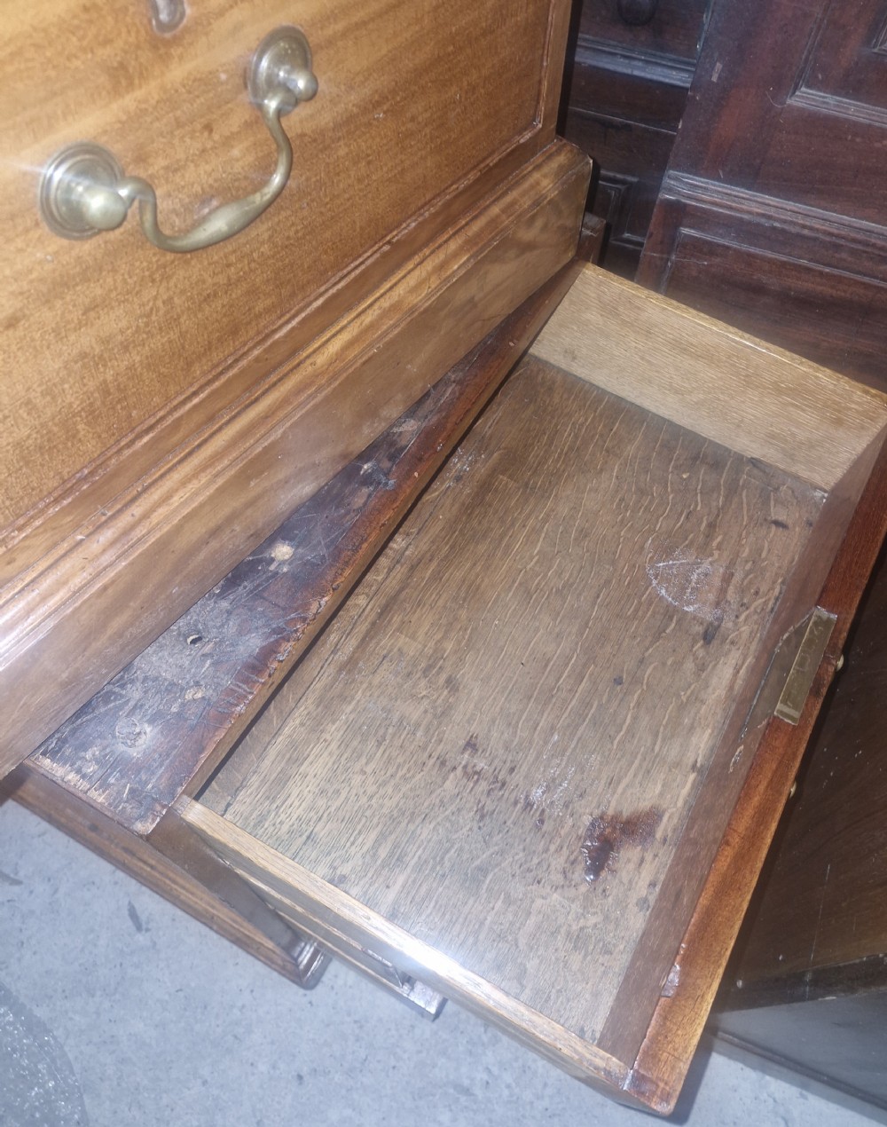Early Victorian mahogany partners pedestal writing desk. Unusual side drawers.  View XV