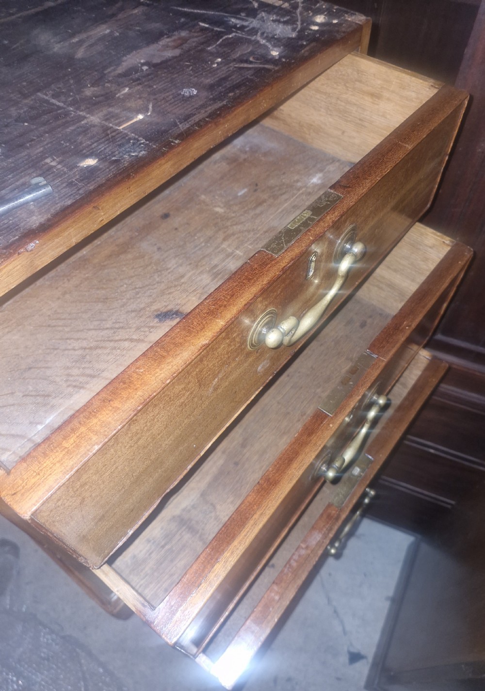 Early Victorian mahogany partners pedestal writing desk. Unusual side drawers.  View XVIII