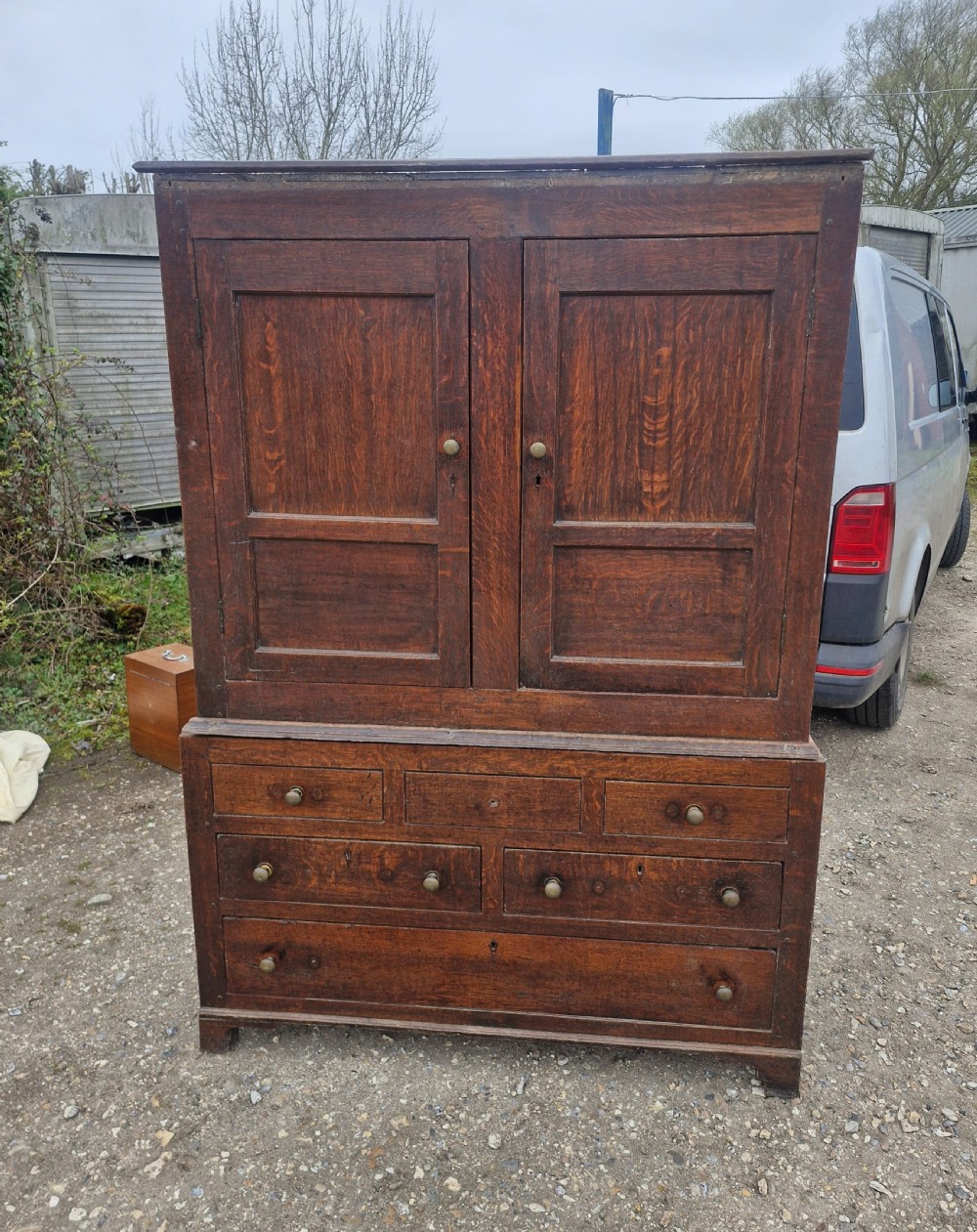 Late Georgian oak 2 part housekeepers cupboard.  View V