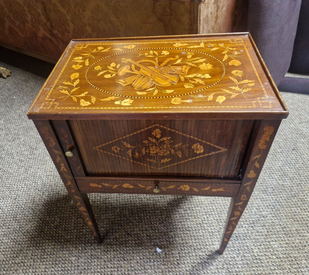 Dutch marquetry tambour front bedside cabinet. 