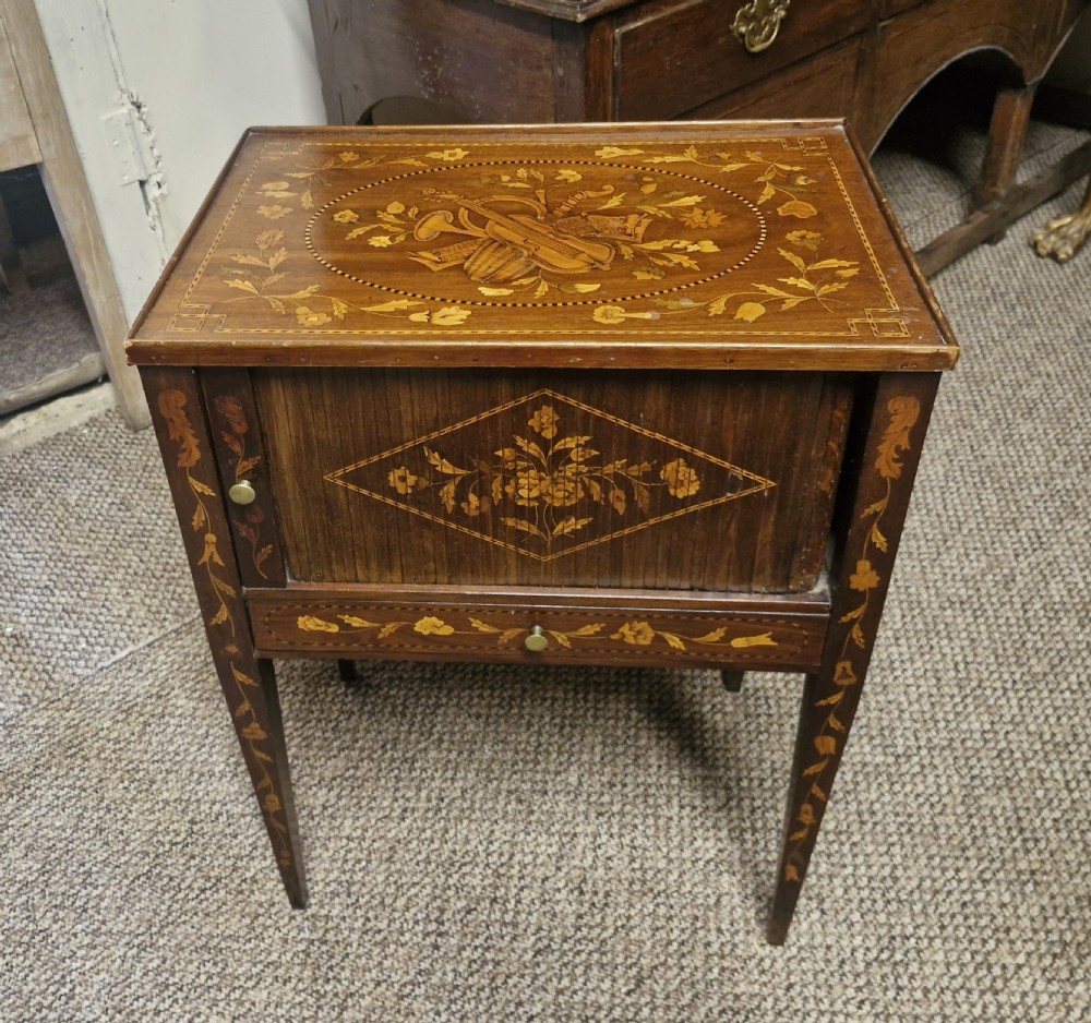 Dutch marquetry tambour front bedside cabinet.  View II