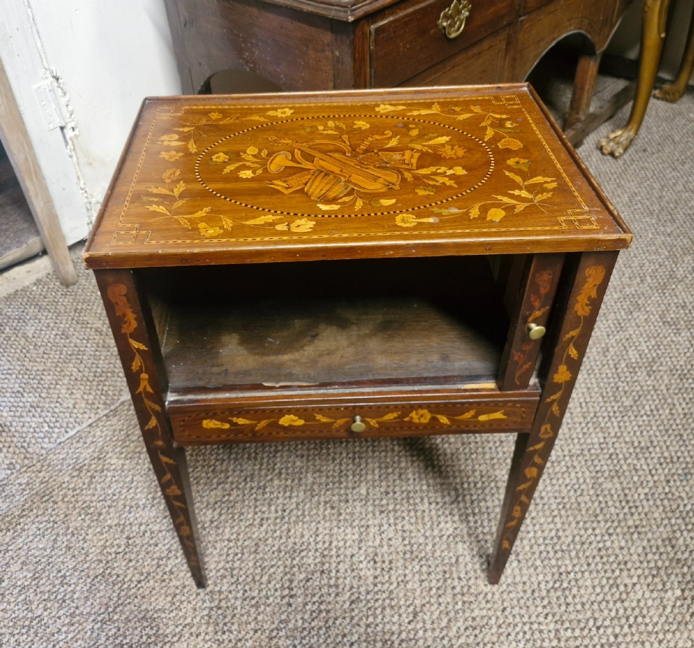 Dutch marquetry tambour front bedside cabinet.  View III