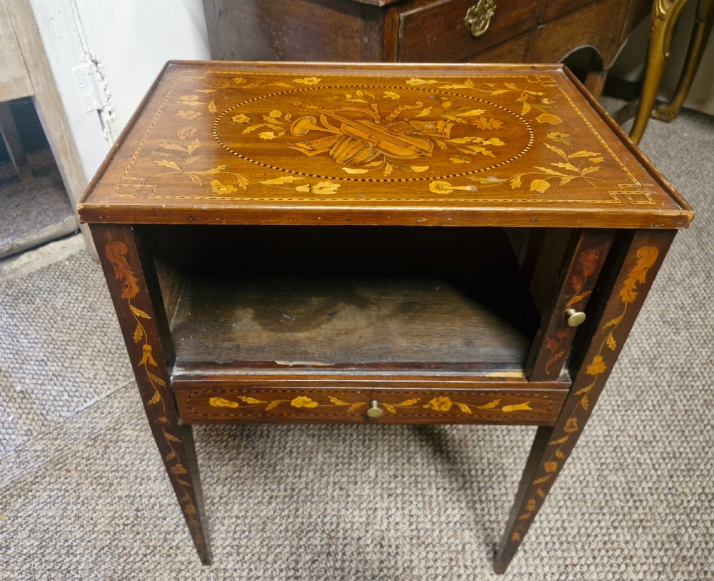 Dutch marquetry tambour front bedside cabinet.  View IV