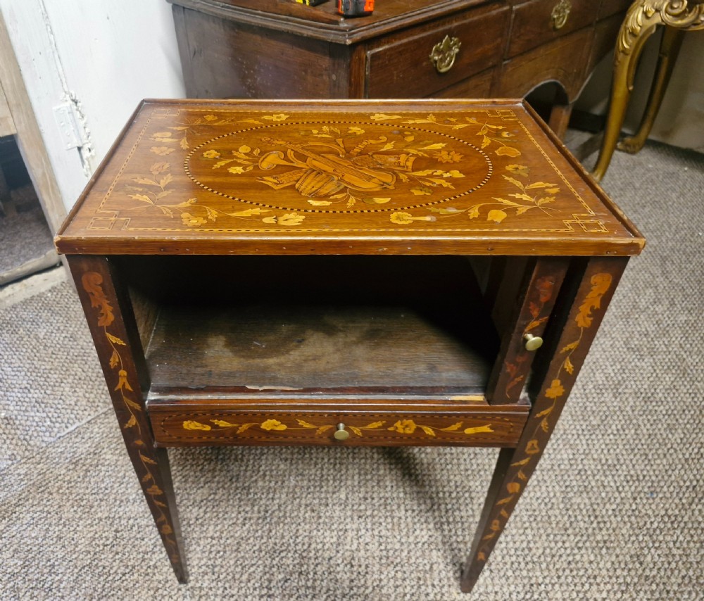 Dutch marquetry tambour front bedside cabinet.  View V