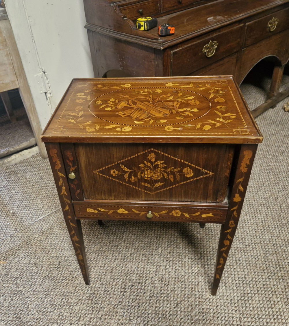 Dutch marquetry tambour front bedside cabinet.  View VI