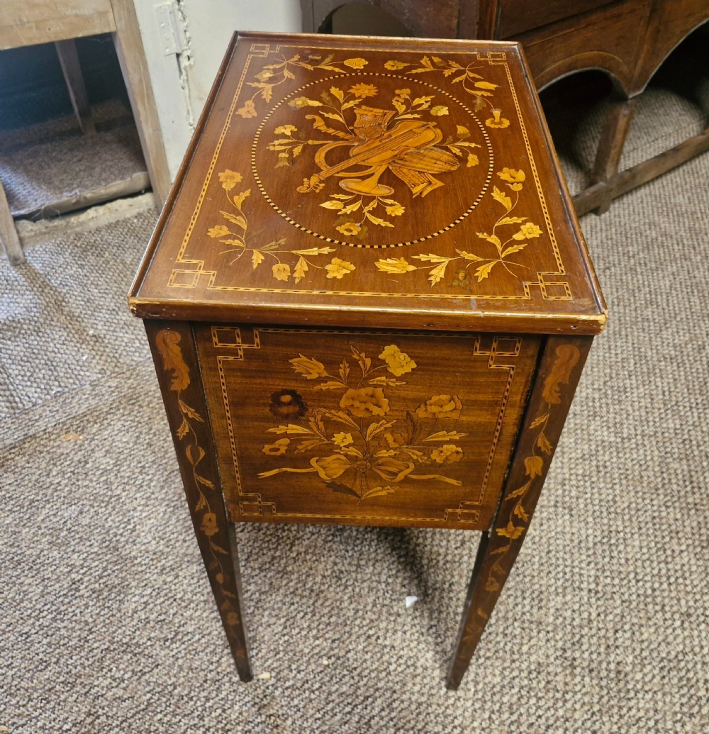 Dutch marquetry tambour front bedside cabinet.  View VII