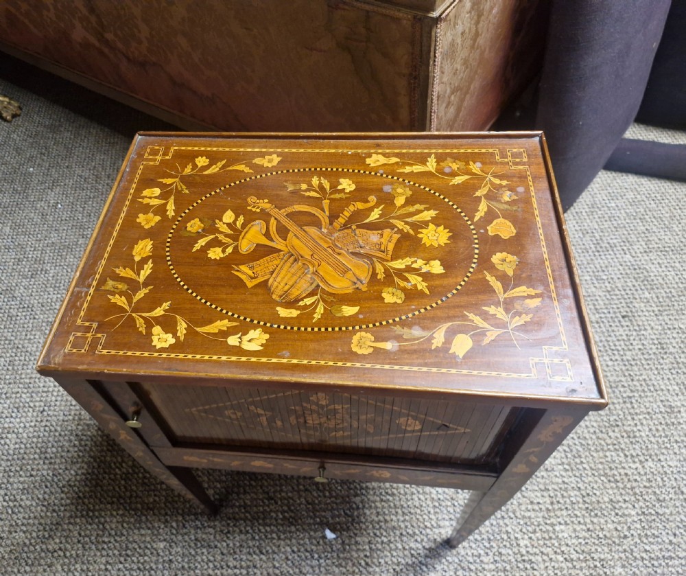 Dutch marquetry tambour front bedside cabinet.  View VIII