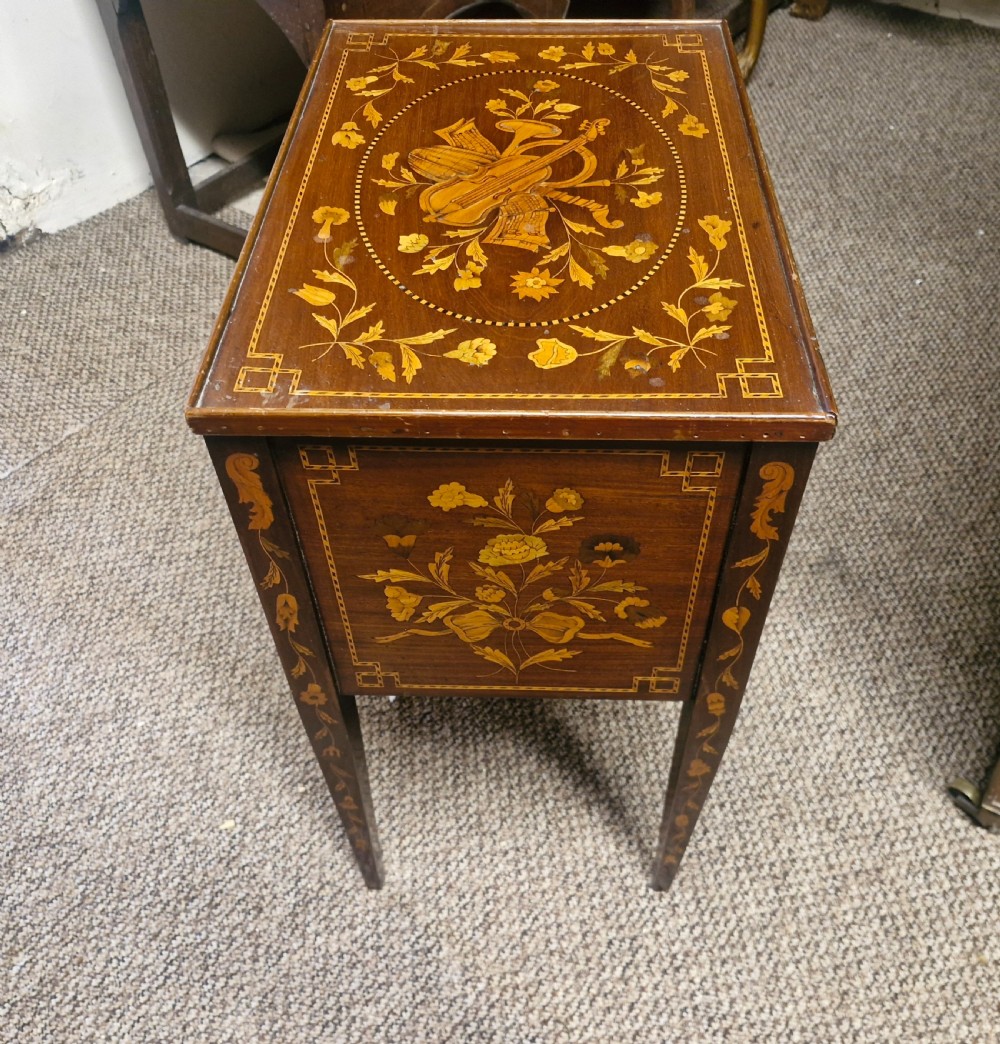 Dutch marquetry tambour front bedside cabinet.  View IX