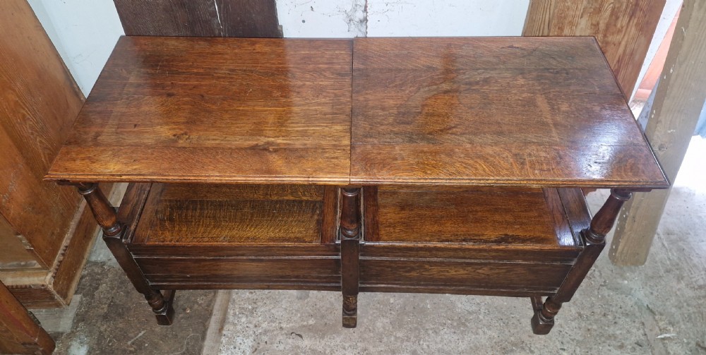 Oak double fold over top hall seat with lift up lid. View II