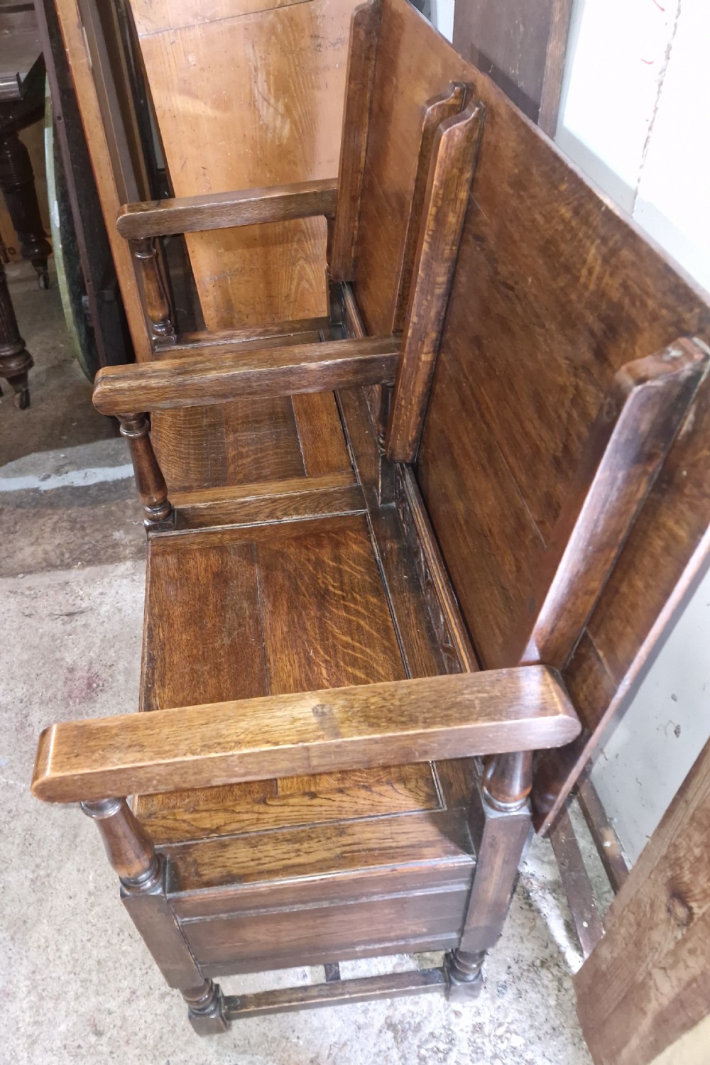 Oak double fold over top hall seat with lift up lid. View III
