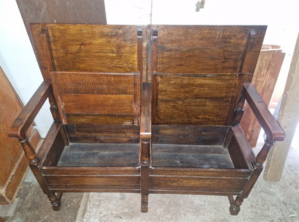 Oak double fold over top hall seat with lift up lid. View IV