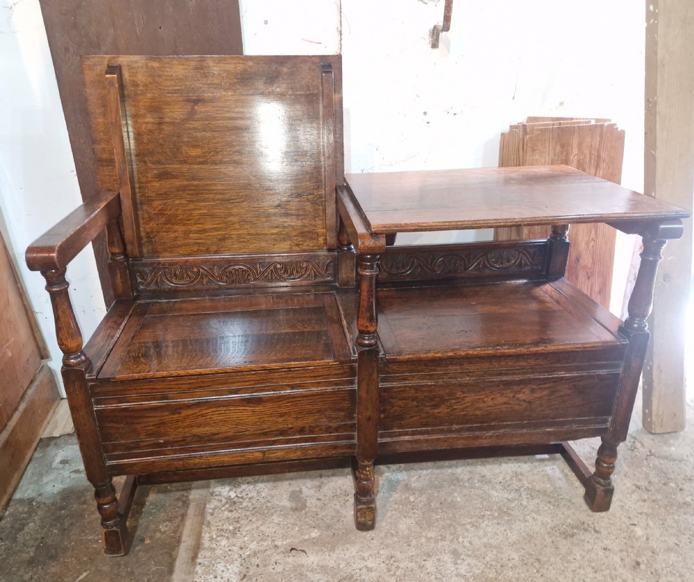 Oak double fold over top hall seat with lift up lid. View V