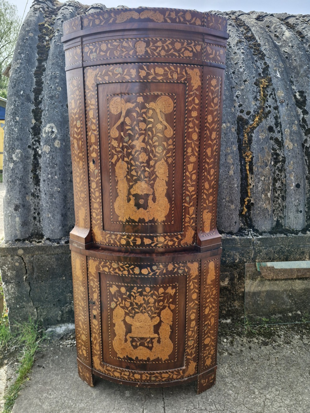 Dutch marquetry double height bow front corner cupboard. 
