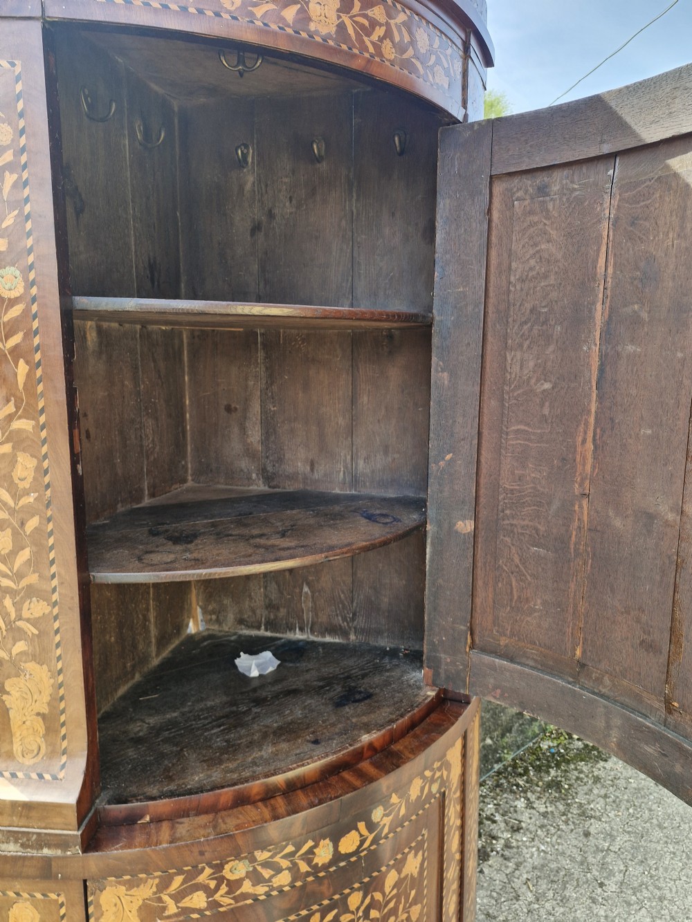 Dutch marquetry double height bow front corner cupboard.  View XV