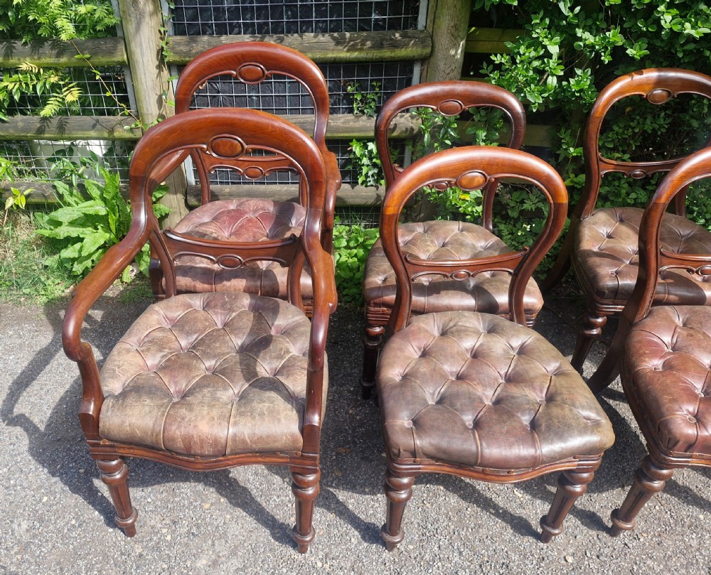 A set of eight Victorian mahogany dining chairs featuring curved balloon backs, turned front legs, and button-tufted brown leather seats. View V