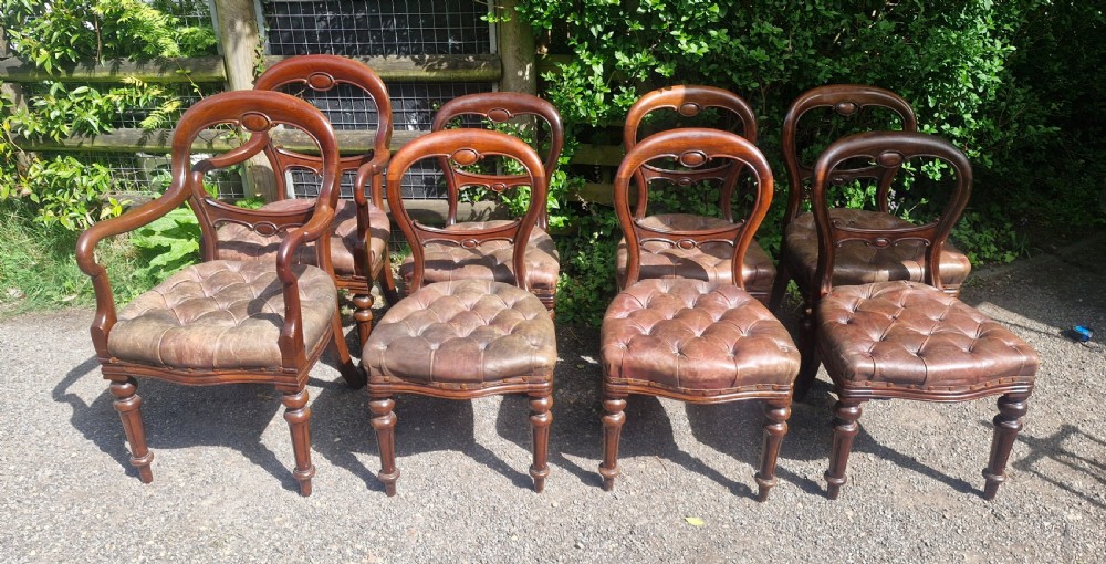 A set of eight Victorian mahogany dining chairs featuring curved balloon backs, turned front legs, and button-tufted brown leather seats. View VII