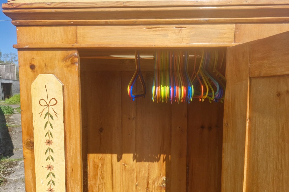 Late Victorian pine hall wardrobe with original decoration. View II