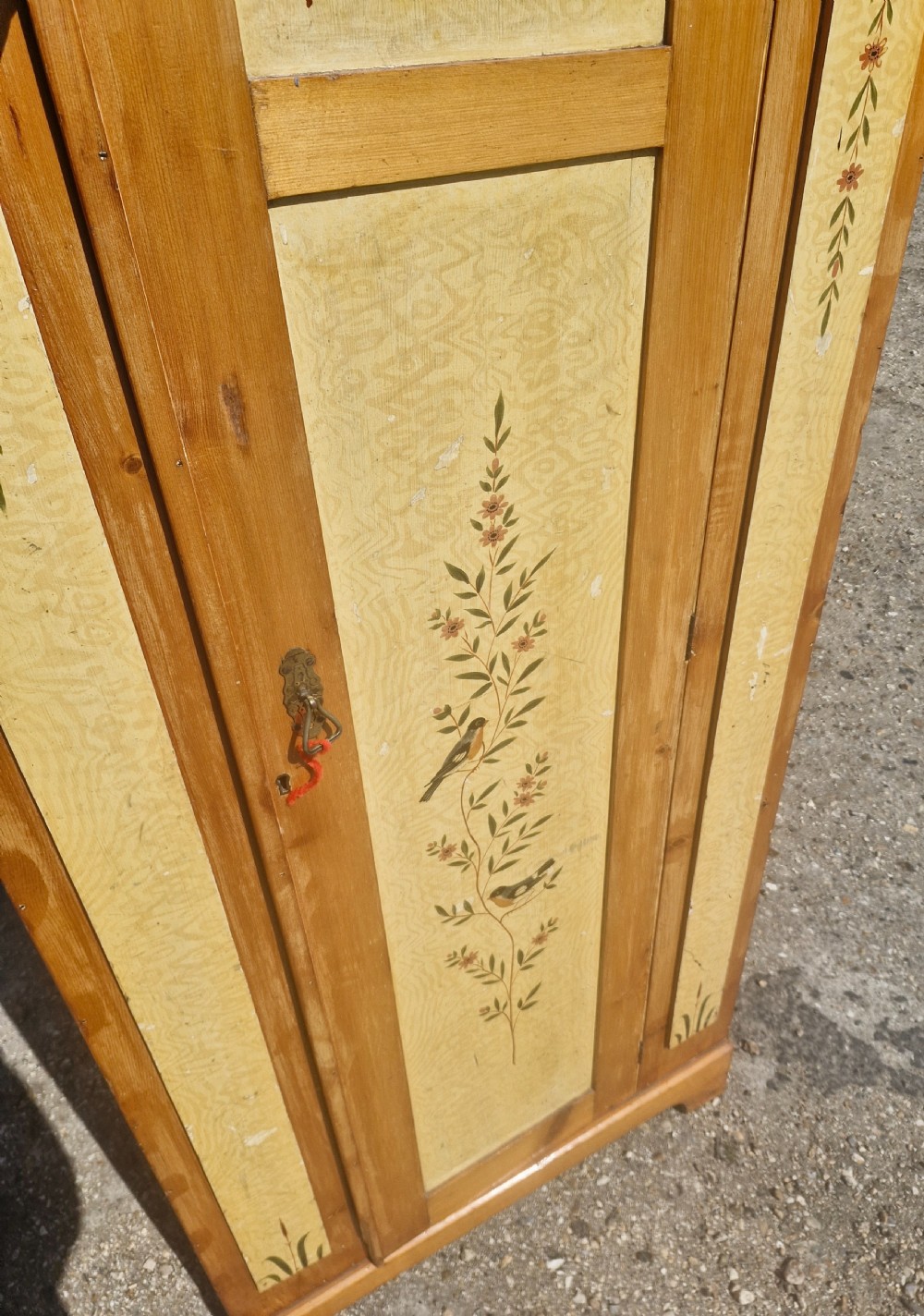 Late Victorian pine hall wardrobe with original decoration. View VI