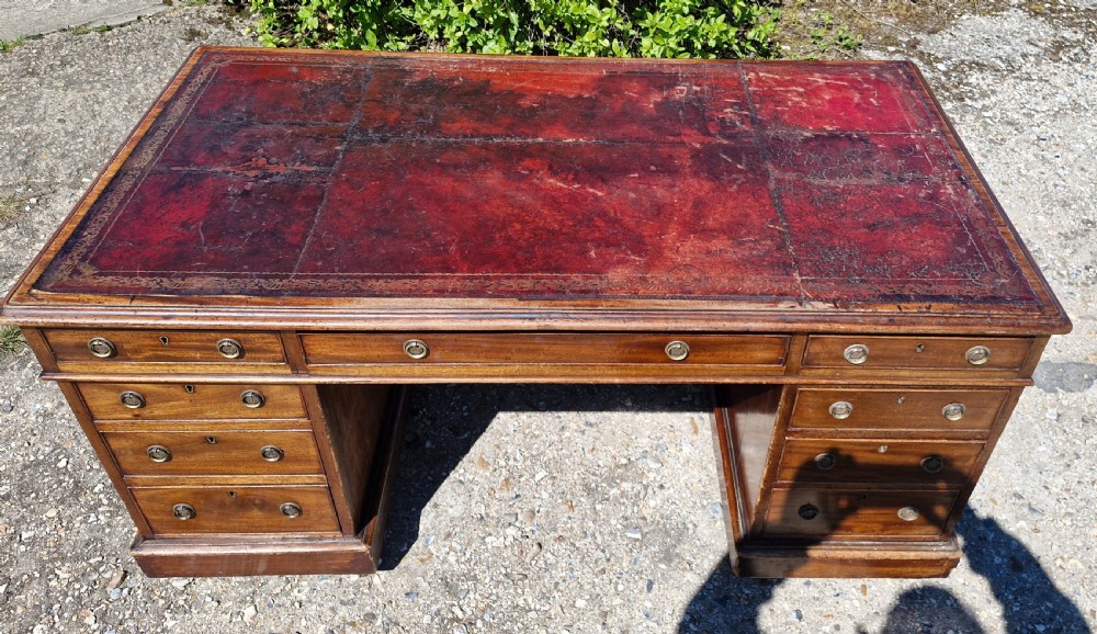 Large 19th century mahogany kneehole pedestal writing desk.  View II