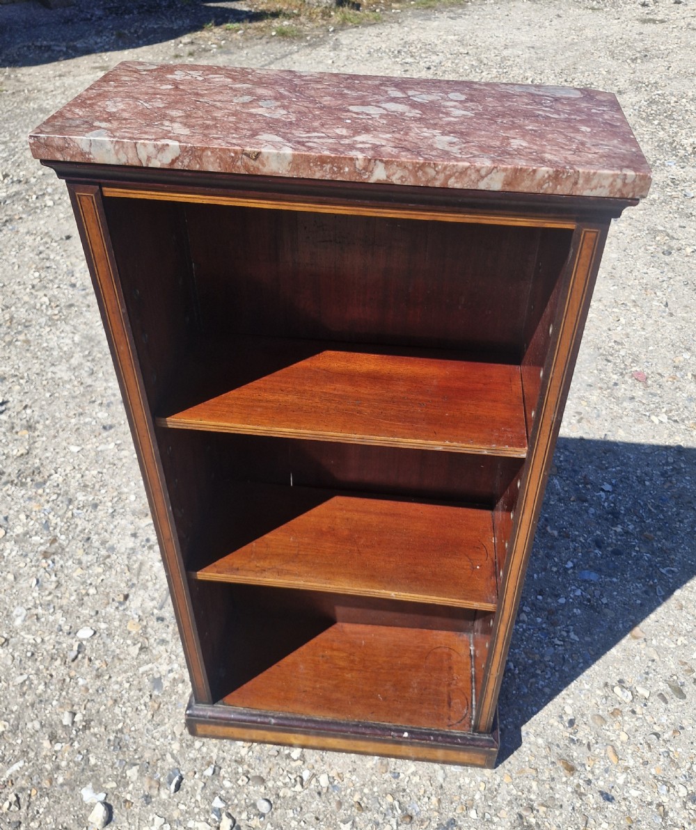 Small rosewood and satinwood open front bookcase - marble top. 