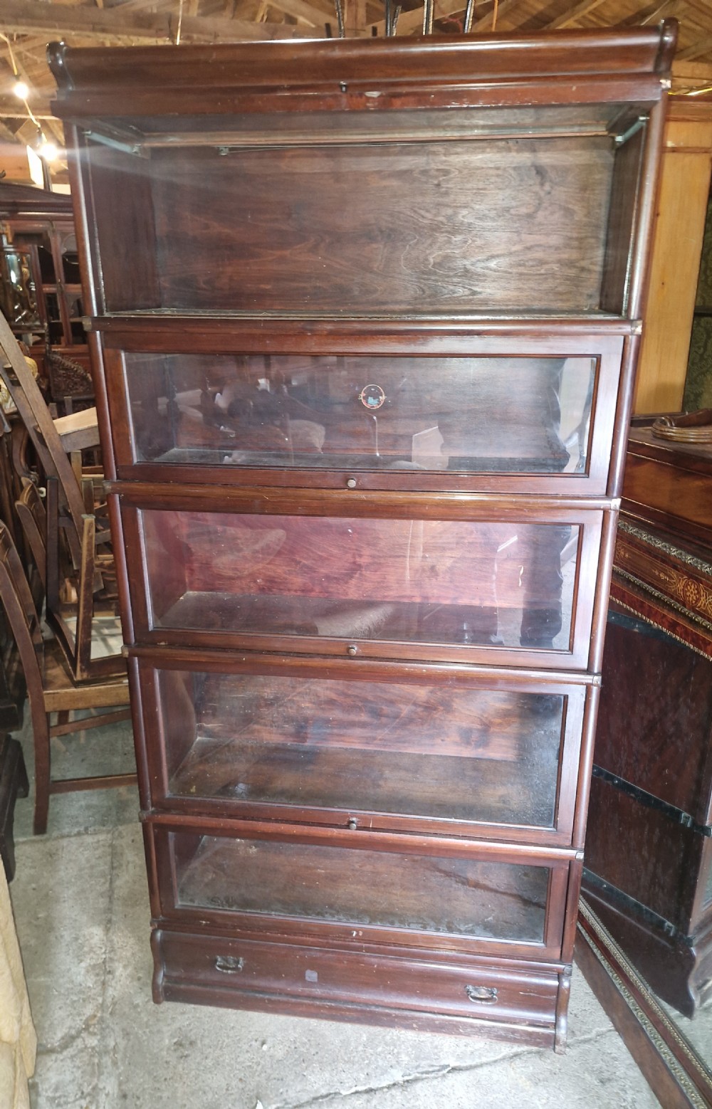 Mahogany 5 section glazed Globe Wernicke bookcase cabinet.  View II