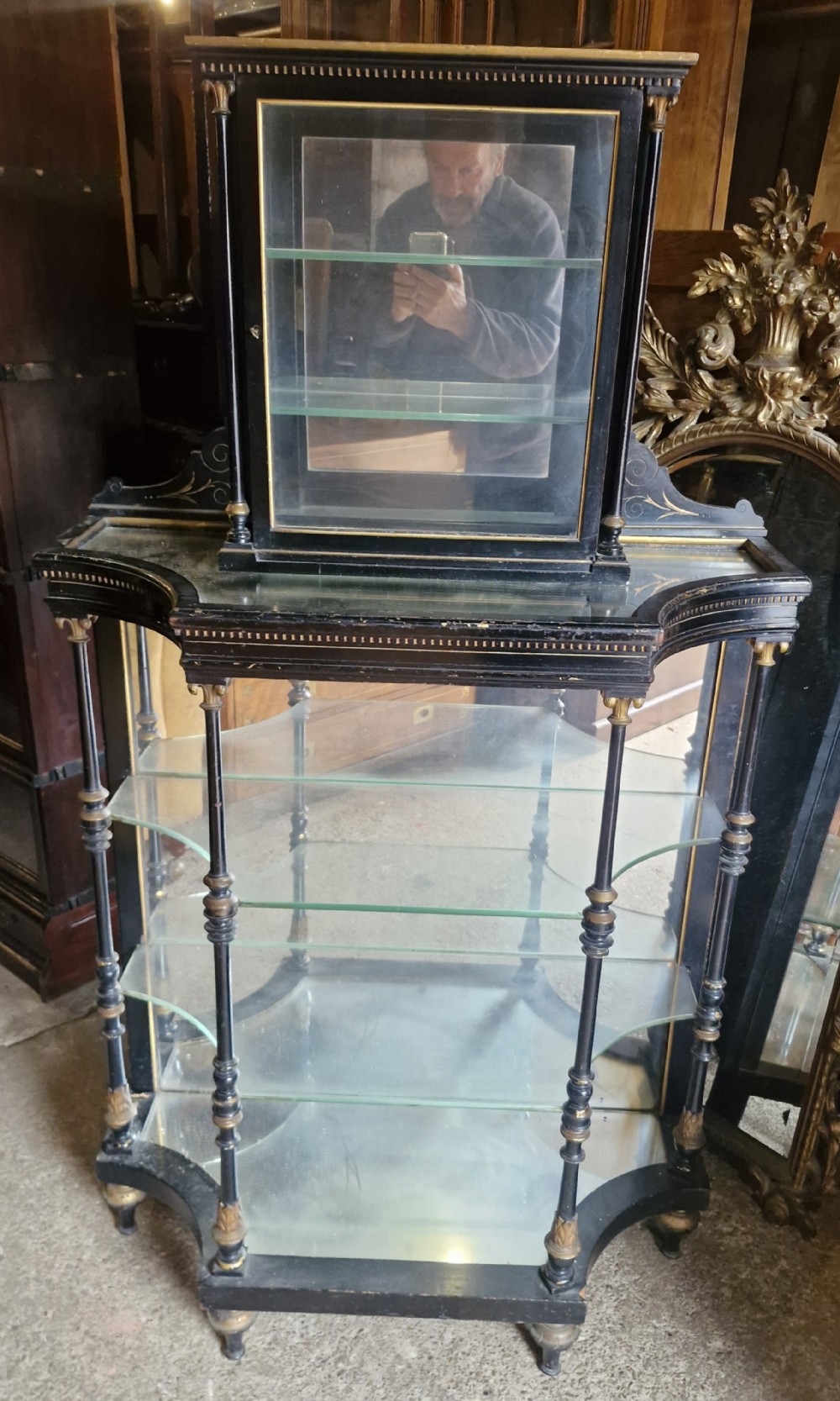 Victorian ebonised bijouterie display cabinet. 