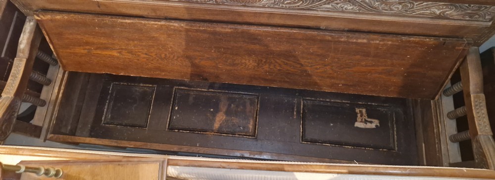 Large Victorian 6 foot panelled oak hall seat with lift up seat. View XV