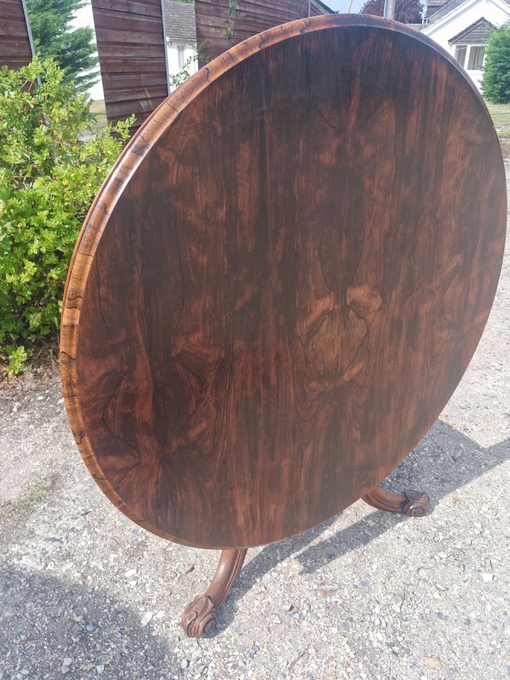 A mid-19th-century circular rosewood centre table shown tilted vertically to display its symmetrical figured grain and carved pedestal base. View II