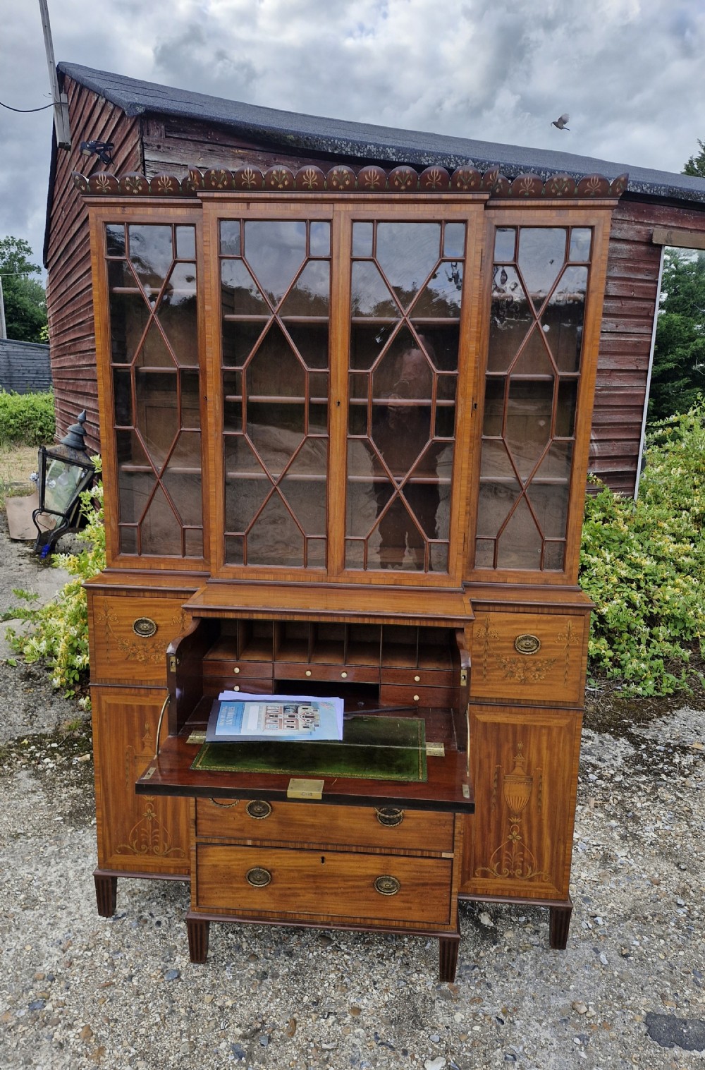 Excellent quality small inlaid secretaire bookcase cabinet.  View XII