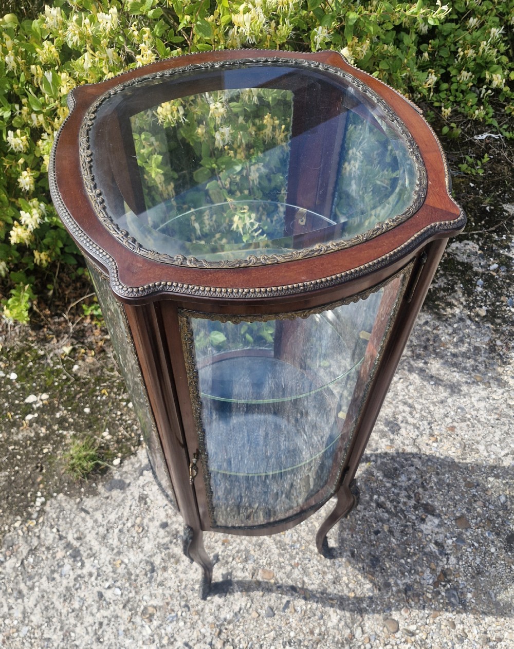 An Edwardian mahogany bijouterie display cabinet with glazed panels, internal glass shelves, gilt metal mounts, and slender cabriole legs. View VII