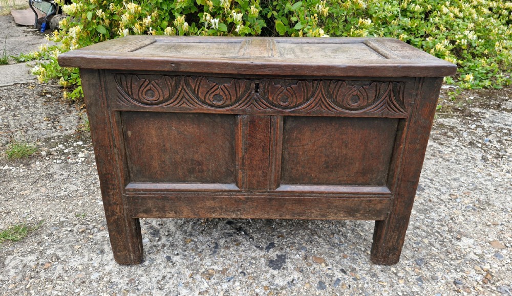 Small late 17th century panelled oak coffer chest. 