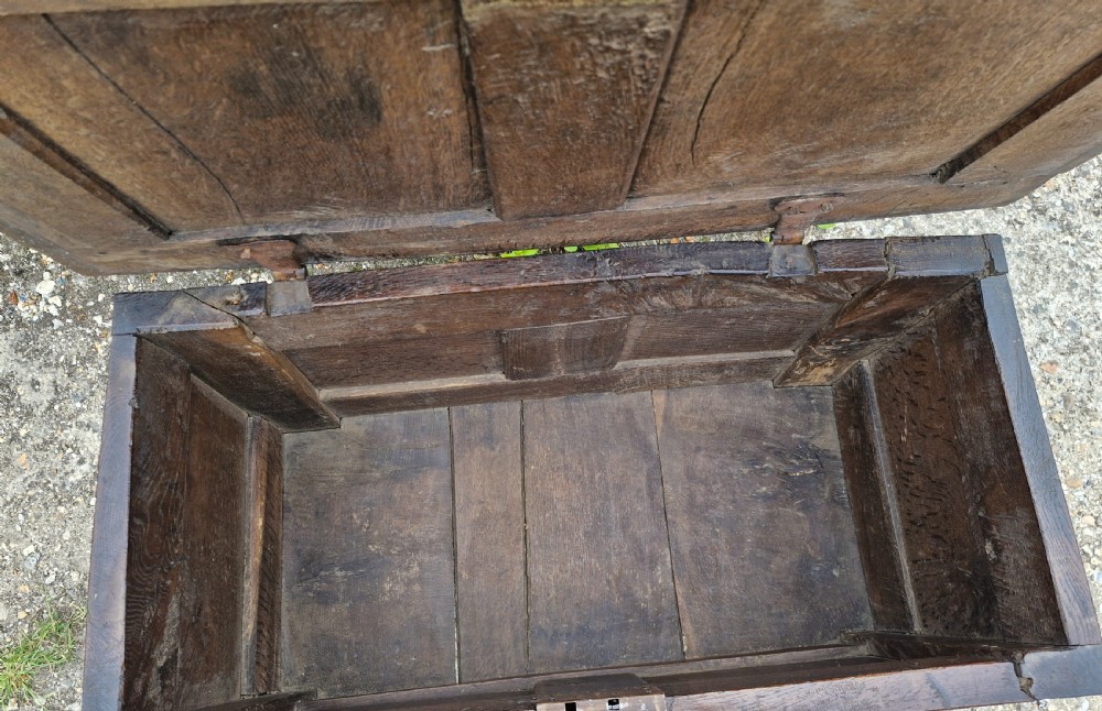 Small late 17th century panelled oak coffer chest.  View II