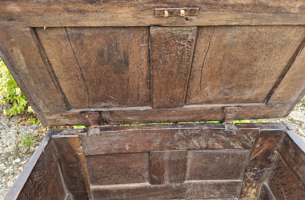 Small late 17th century panelled oak coffer chest.  View III