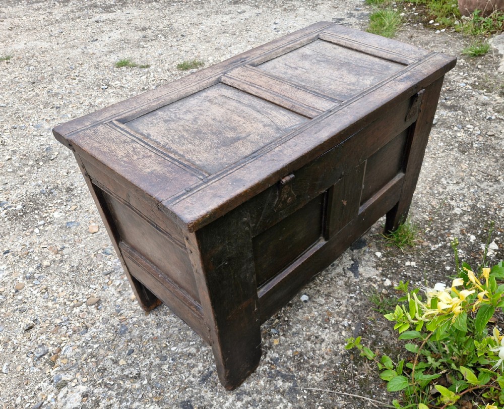 Small late 17th century panelled oak coffer chest.  View IV