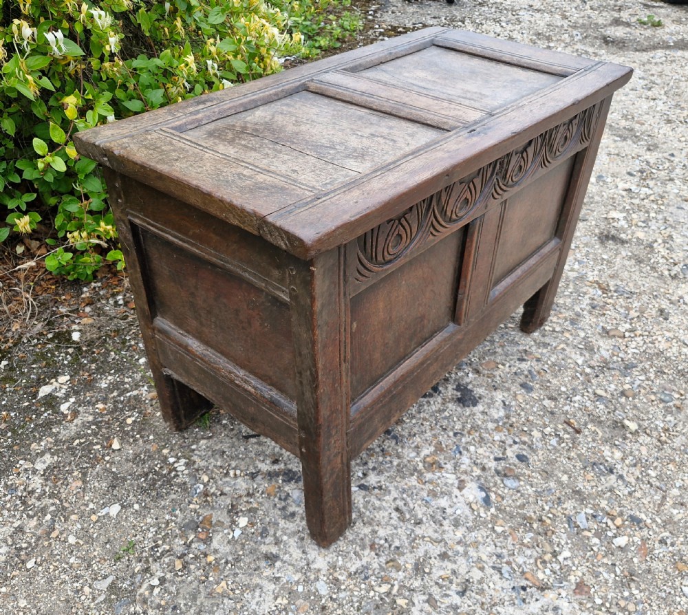 Small late 17th century panelled oak coffer chest.  View VI