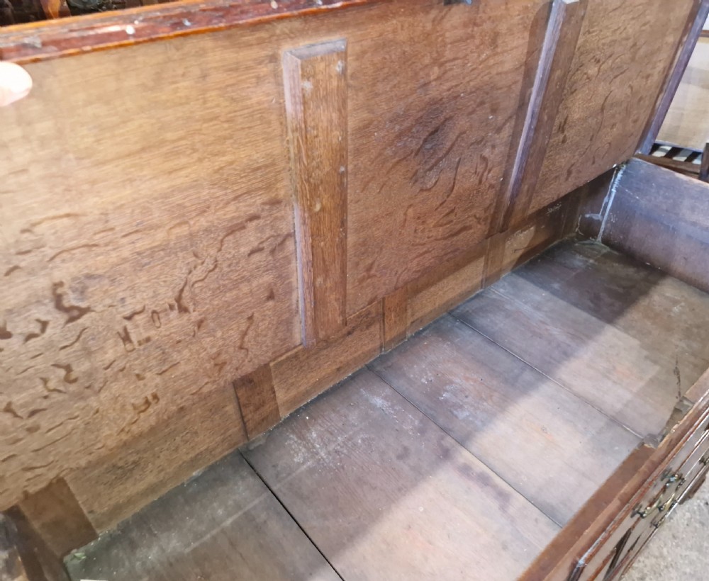 Small late Georgian oak and cross banded Lancashire mule chest.  View IV