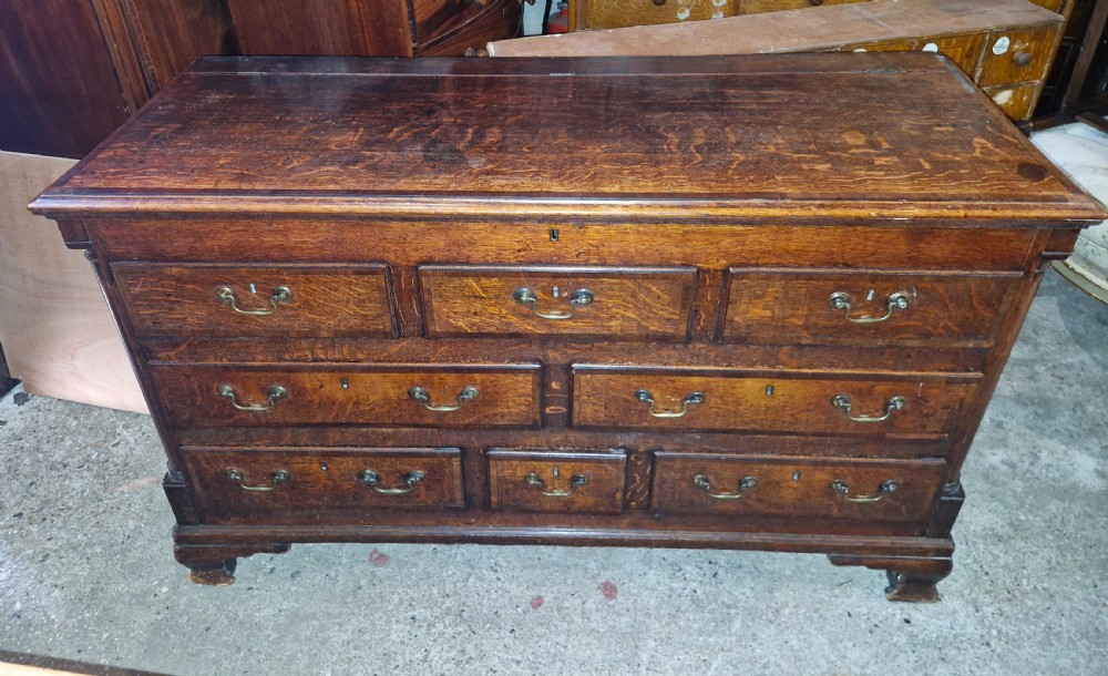 Small late Georgian oak and cross banded Lancashire mule chest.  View V