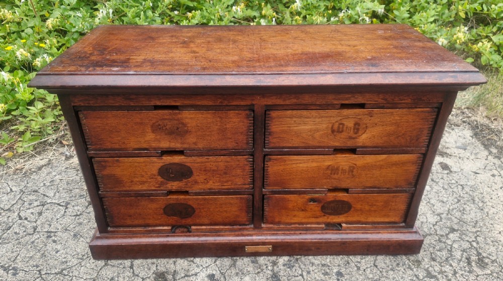 A 19th-century Victorian wooden tabletop Amberg filing cabinet with indexed drawers and an upper spring-loaded letter binder. View VIII