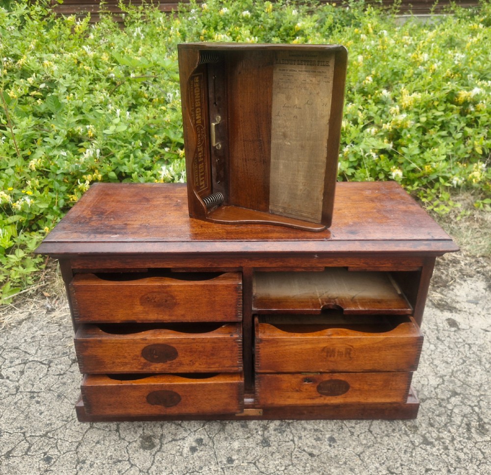 A 19th-century Victorian wooden tabletop Amberg filing cabinet with indexed drawers and an upper spring-loaded letter binder. View XI