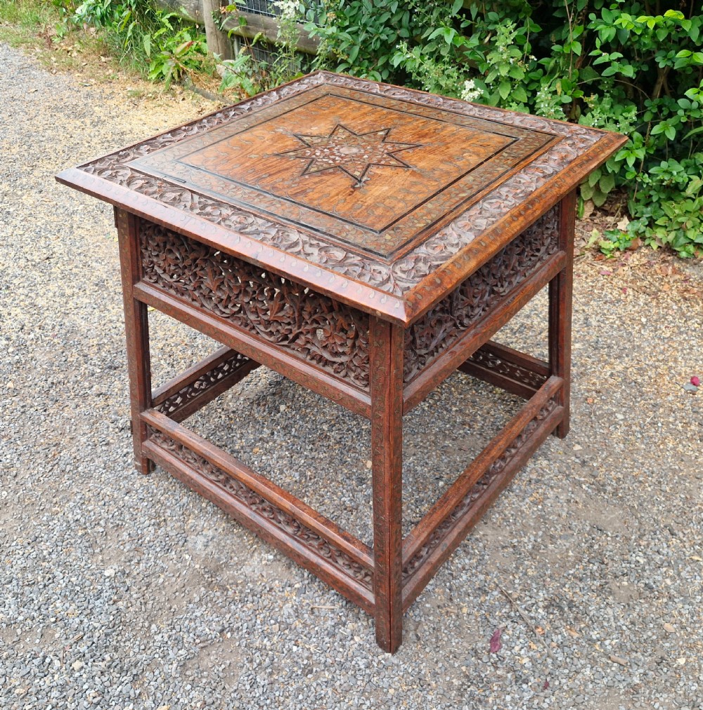  Good sized carved and inlaid Anglo Indian Hoshiarpur table