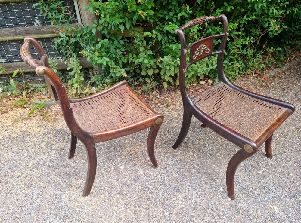 Pair of Regency brass mounted cane seat bedroom chairs.  View II