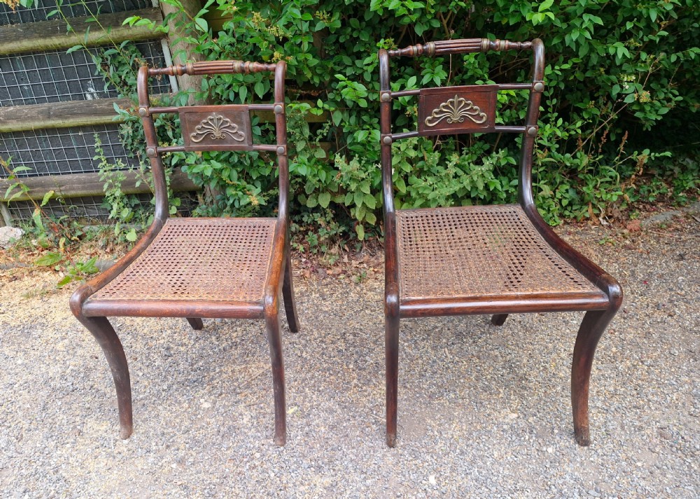 Pair of Regency brass mounted cane seat bedroom chairs.  View IV