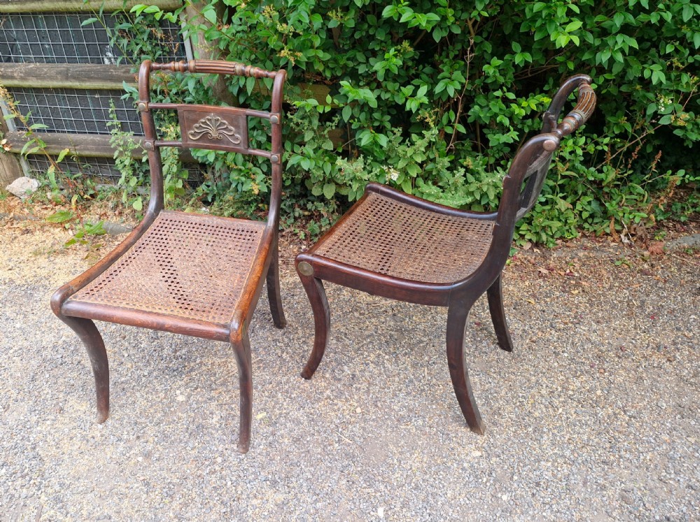 Pair of Regency brass mounted cane seat bedroom chairs.  View V