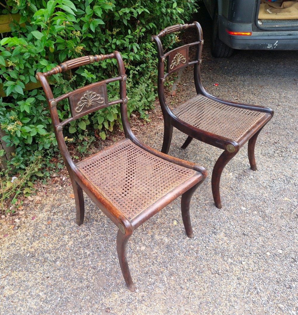 Pair of Regency brass mounted cane seat bedroom chairs.  View VI